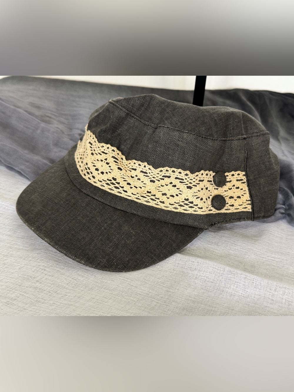 Vintage D&Y Cadet Hat Elastafit Black Linen Blend Lace Trim Boho Army Cap